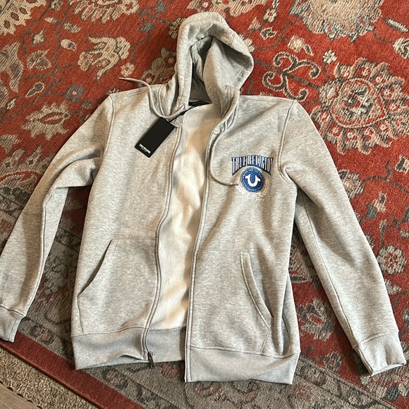 True Religion Light Grey Zip Hoodie with Blue Logo